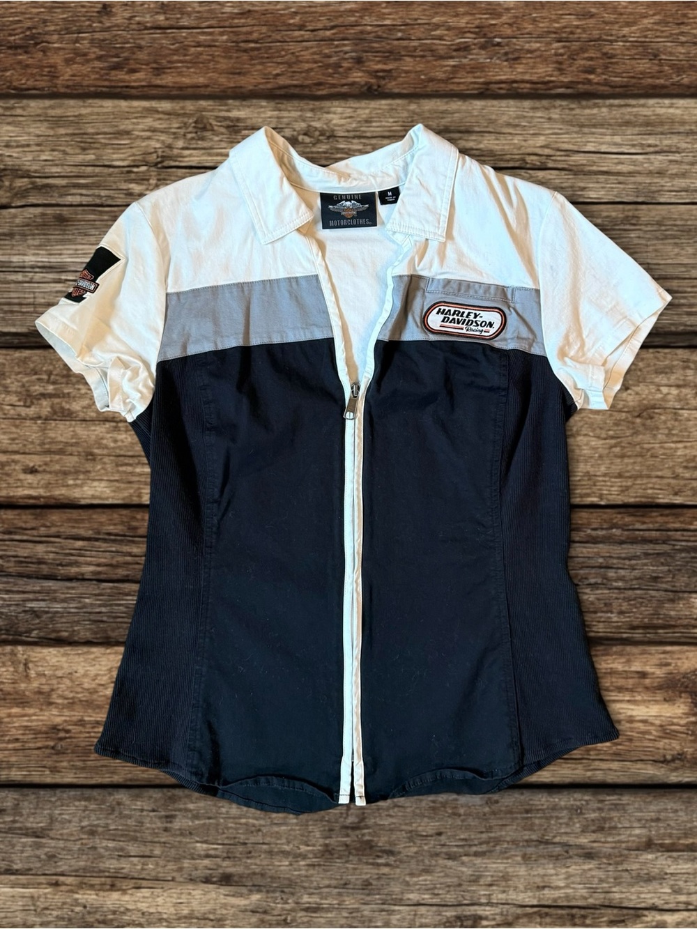 Harley-Davidson women's Racing zip-front short sleeve shirt in a white and black